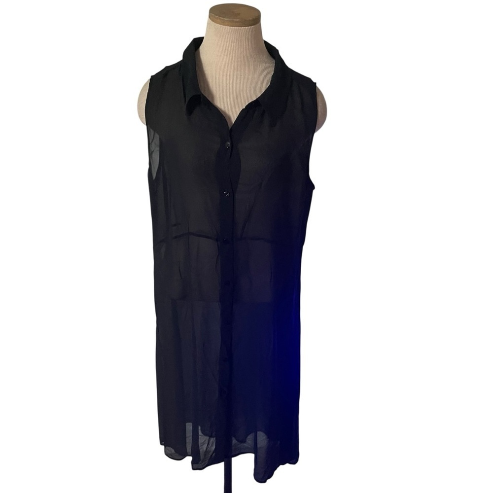 Eileen Fisher Black Sheer Collared Button Up Sleeveless Dress Women Size L